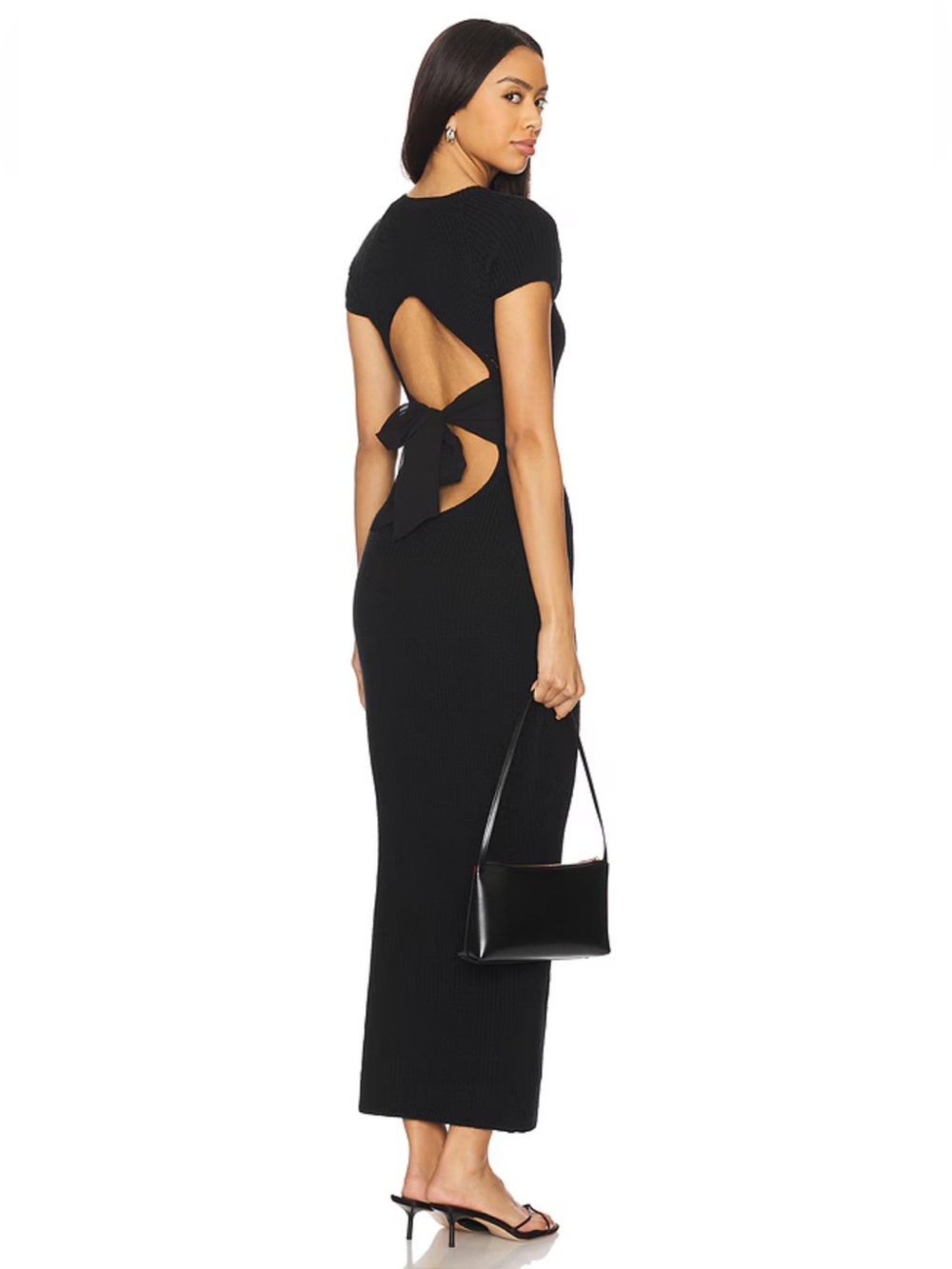 All The Ways Evelyn Dress Black Backless ribbon Tie-Back knit maxi Revolve L